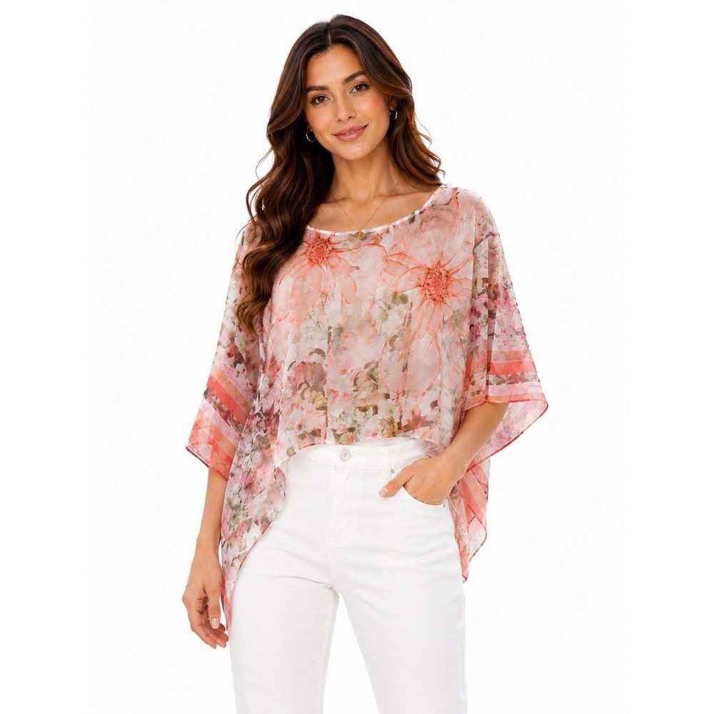 Energe World Wear Womens Poncho Top Plus Pink Floral Sheer Chiffon Cape Sleeve